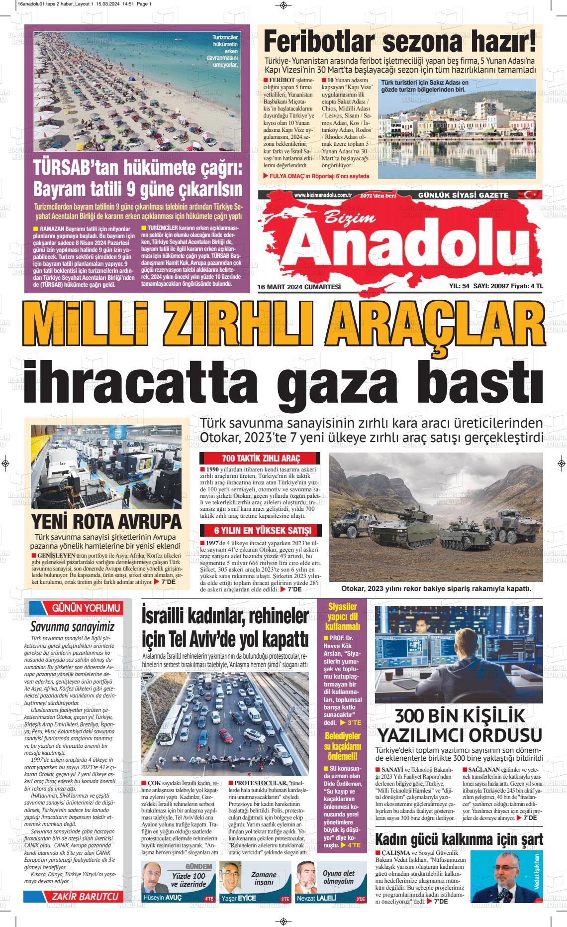 16 Mart 2024 Bizim Anadolu Gazete Manşeti