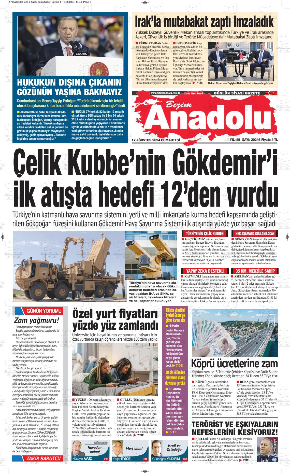 17 Ağustos 2024 Bizim Anadolu Gazete Manşeti