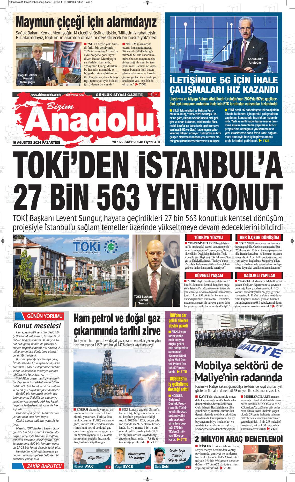 19 Ağustos 2024 Bizim Anadolu Gazete Manşeti