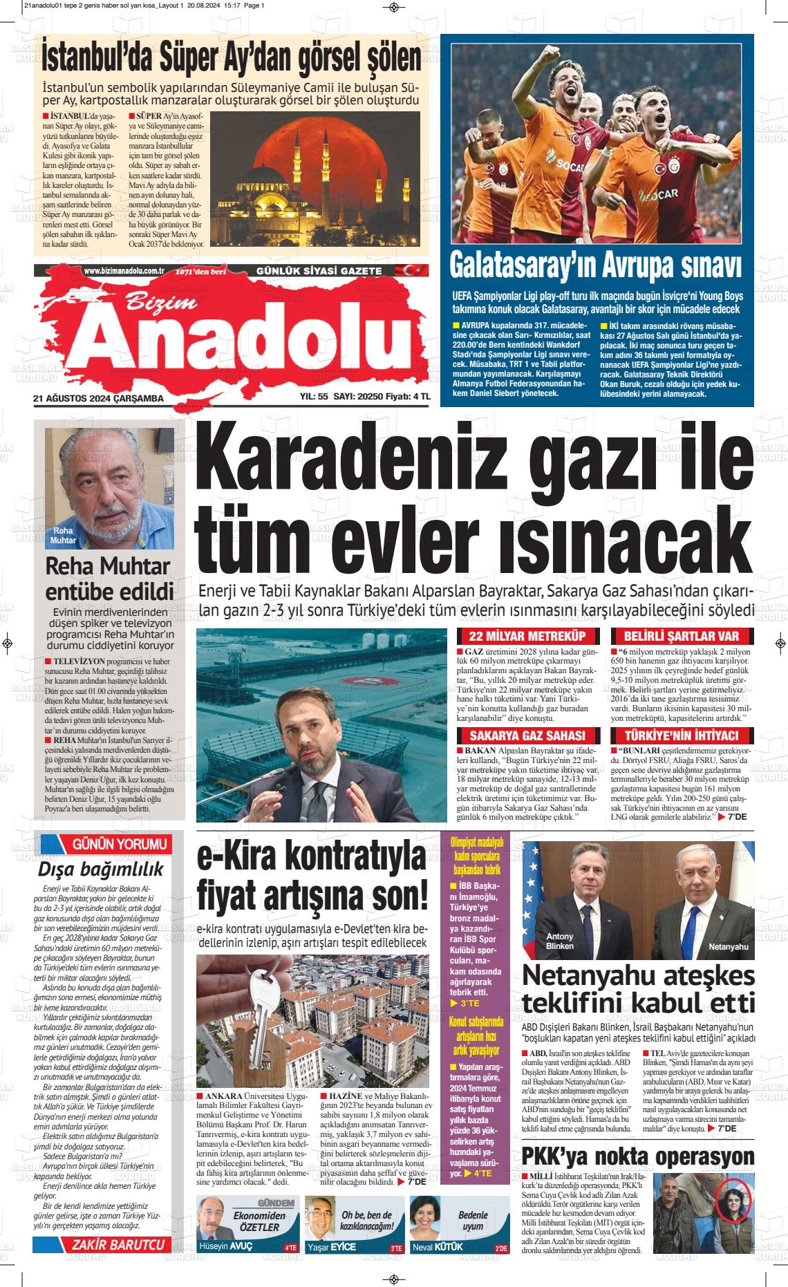 21 Ağustos 2024 Bizim Anadolu Gazete Manşeti