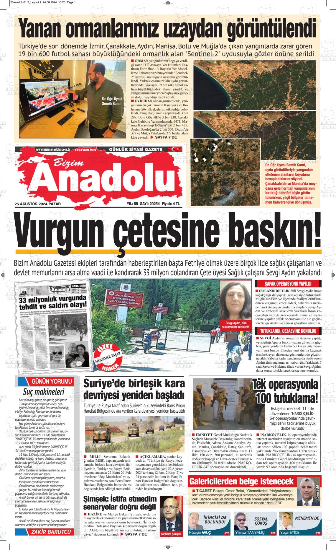 25 Ağustos 2024 Bizim Anadolu Gazete Manşeti