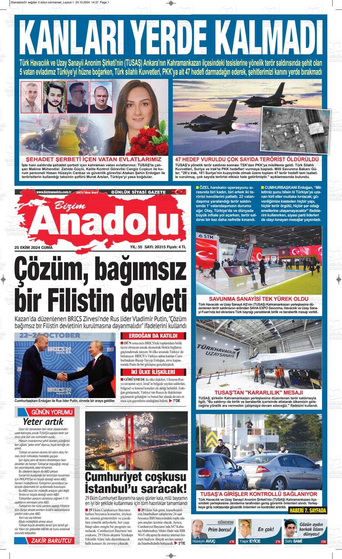 25 Ekim 2024 Bizim Anadolu Gazete Manşeti