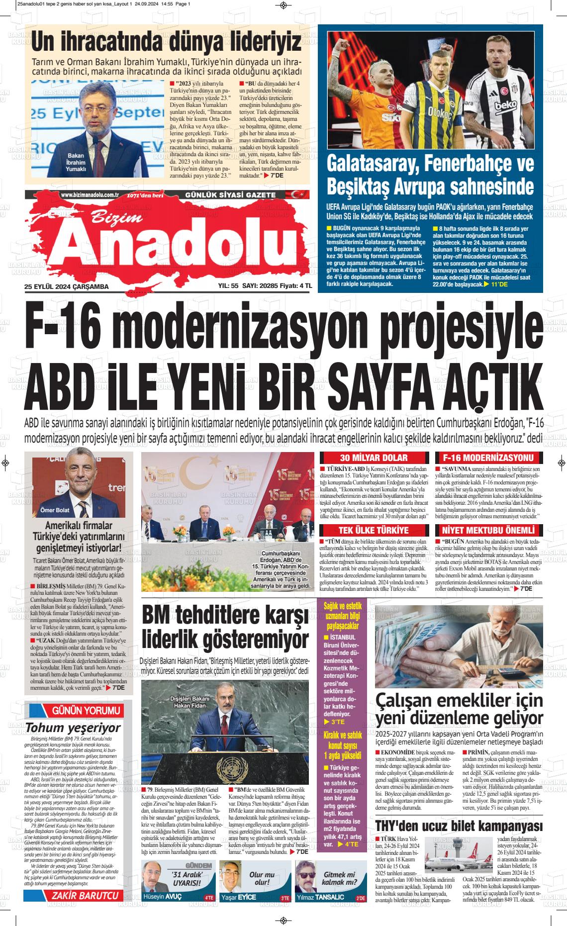 25 Eylül 2024 Bizim Anadolu Gazete Manşeti