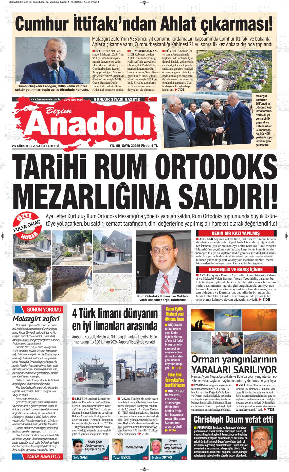 26 Ağustos 2024 Bizim Anadolu Gazete Manşeti