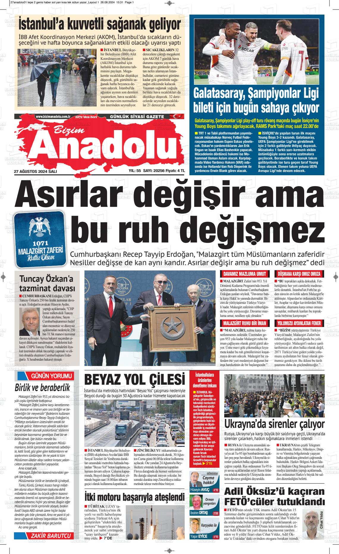 27 Ağustos 2024 Bizim Anadolu Gazete Manşeti