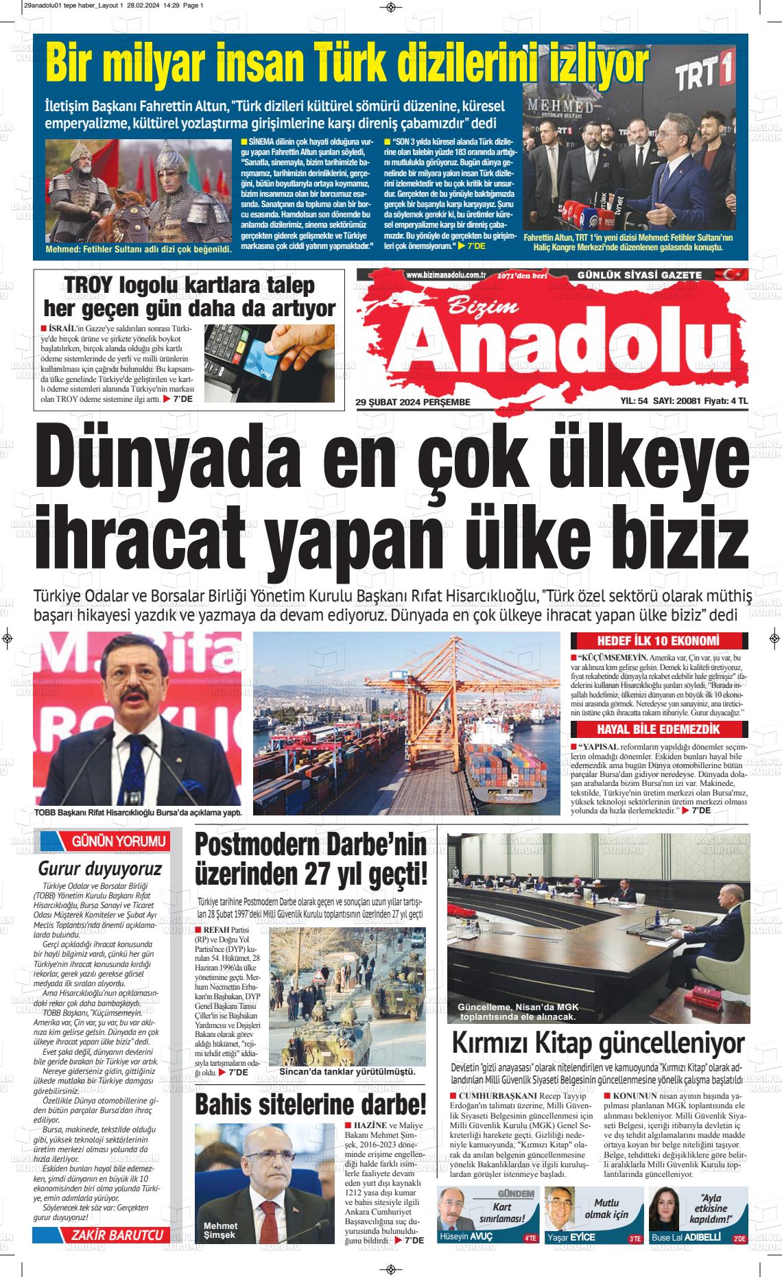 29 Şubat 2024 Bizim Anadolu Gazete Manşeti