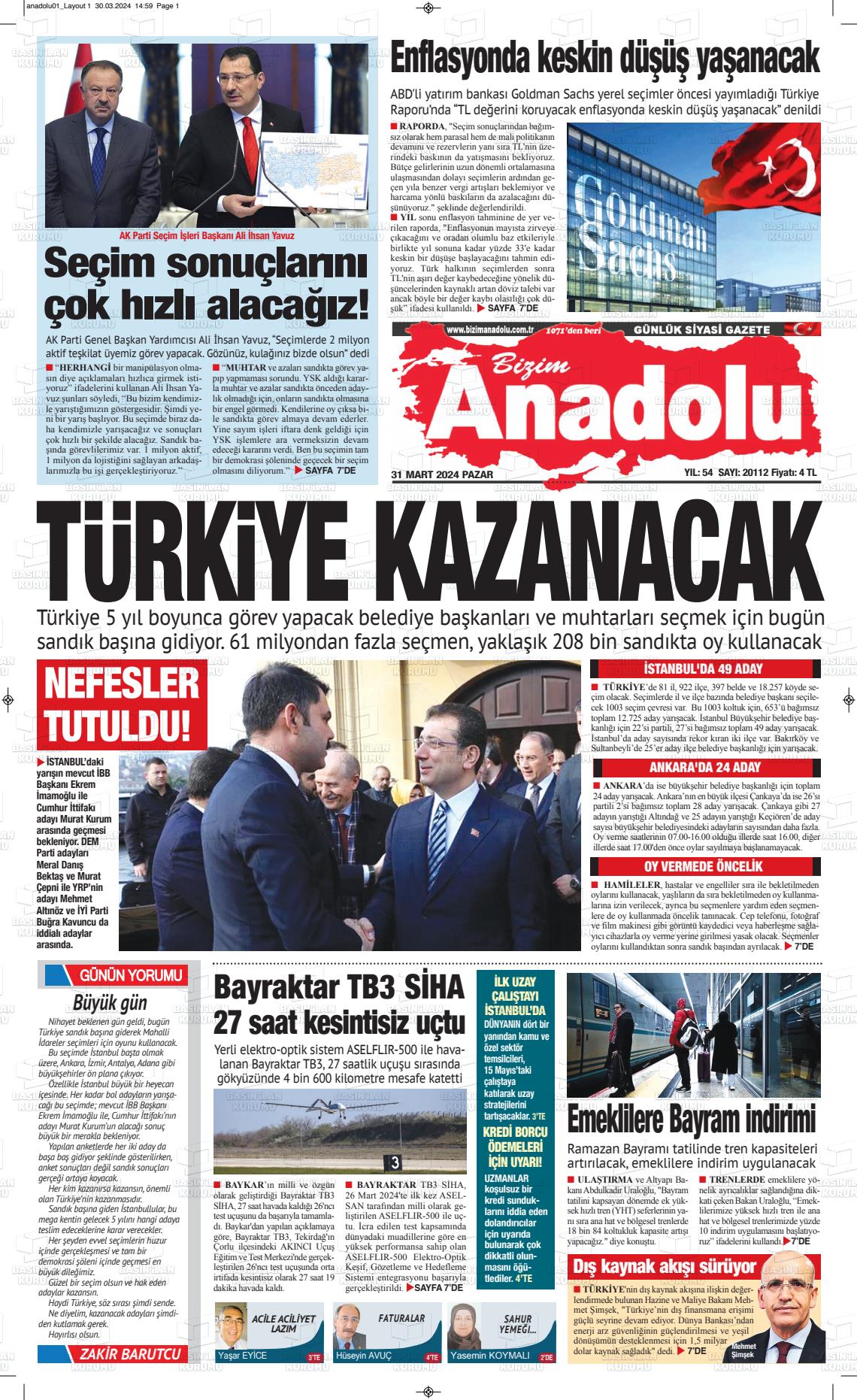 31 Mart 2024 Bizim Anadolu Gazete Manşeti