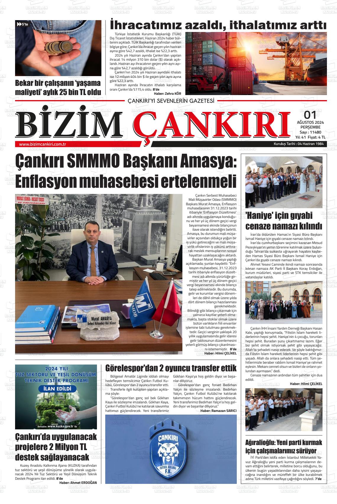 01 Ağustos 2024 Bizim Çankırı Gazete Manşeti