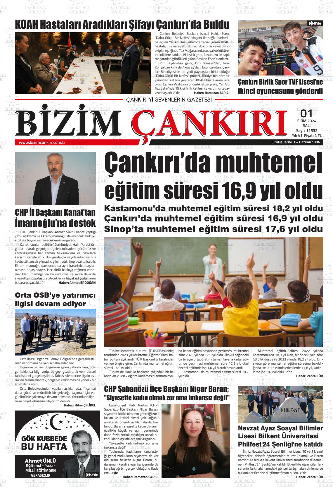 01 Ekim 2024 Bizim Çankırı Gazete Manşeti