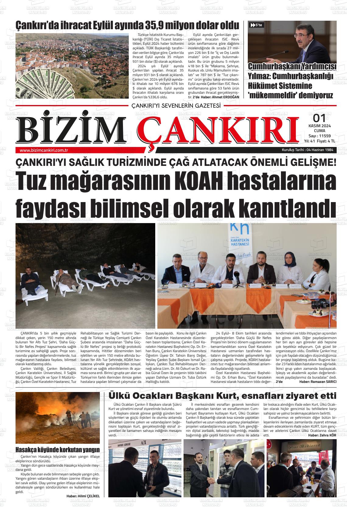 01 Kasım 2024 Bizim Çankırı Gazete Manşeti