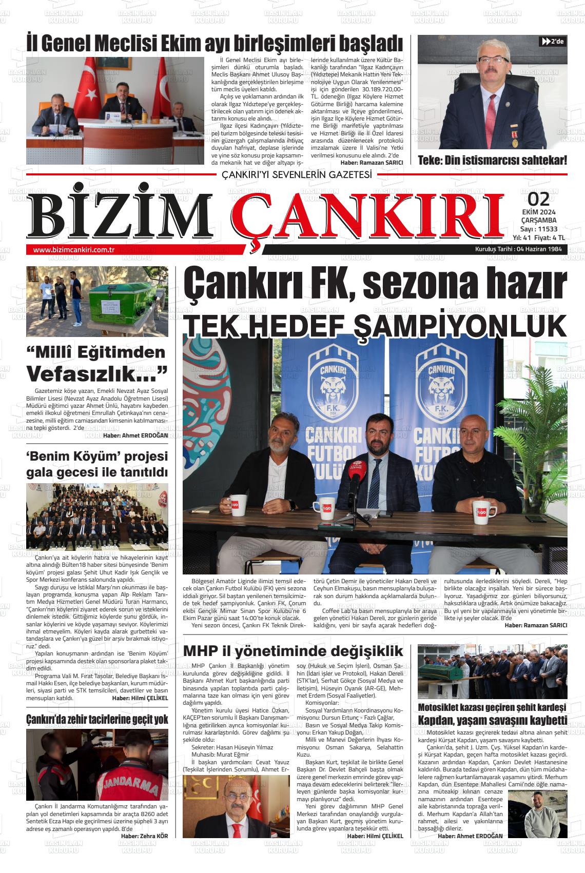 02 Ekim 2024 Bizim Çankırı Gazete Manşeti