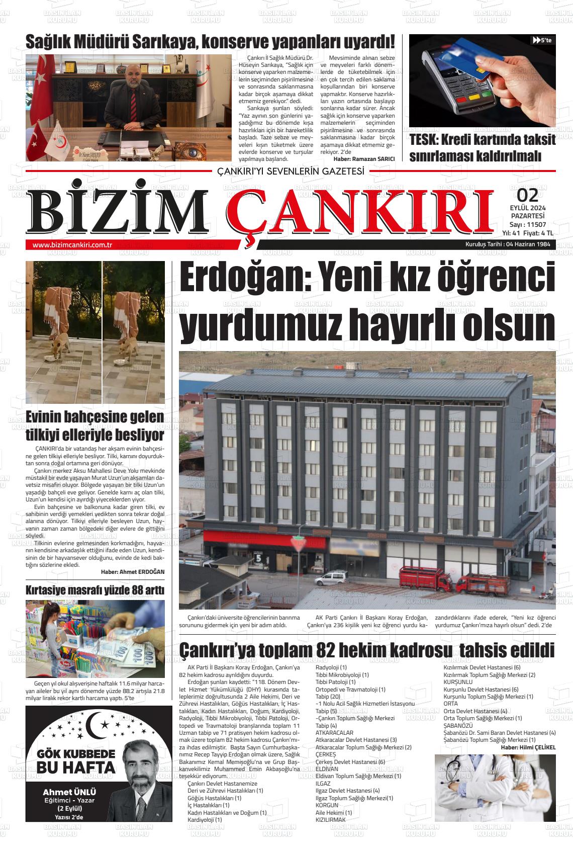 02 Eylül 2024 Bizim Çankırı Gazete Manşeti