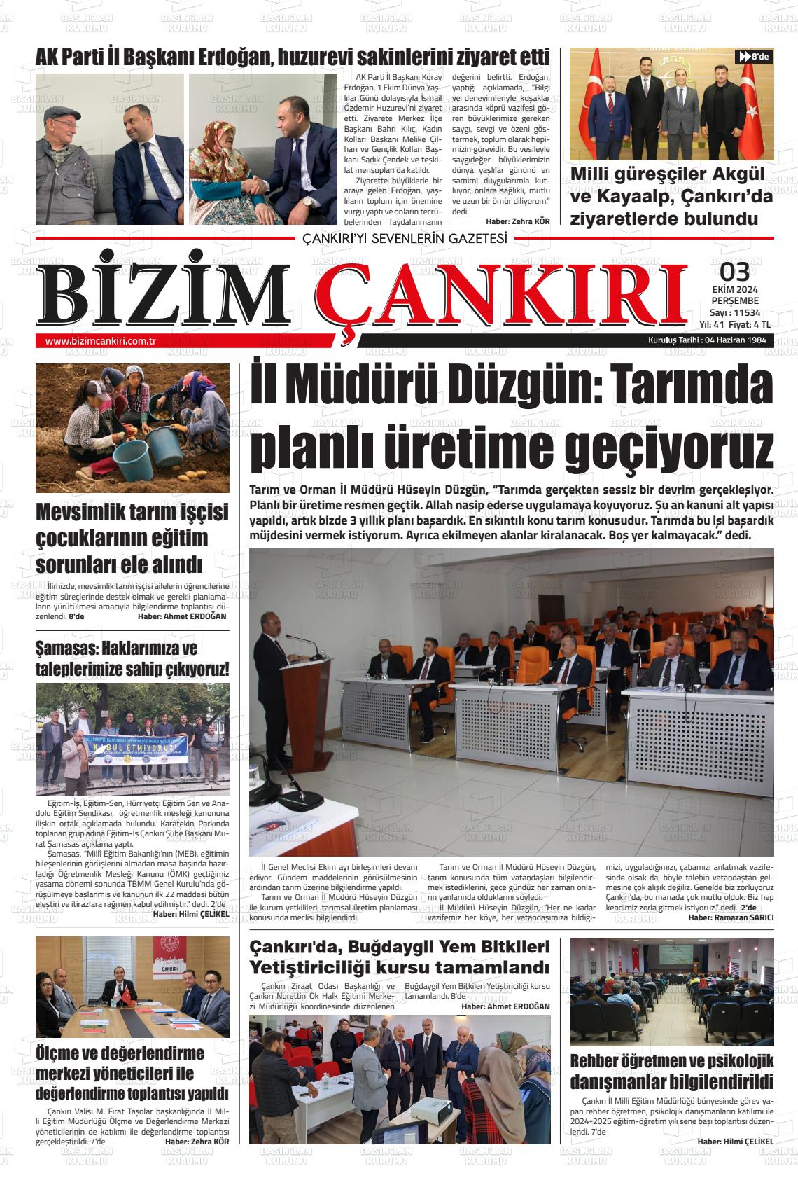 03 Ekim 2024 Bizim Çankırı Gazete Manşeti