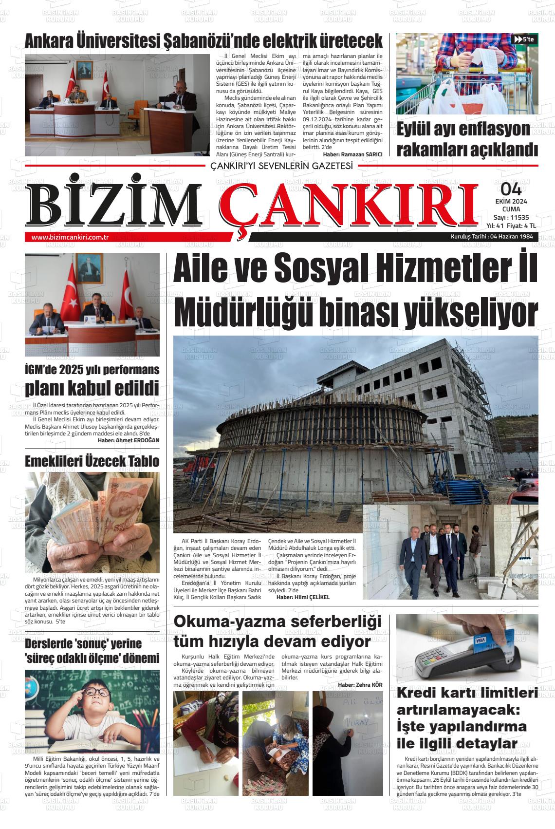 04 Ekim 2024 Bizim Çankırı Gazete Manşeti