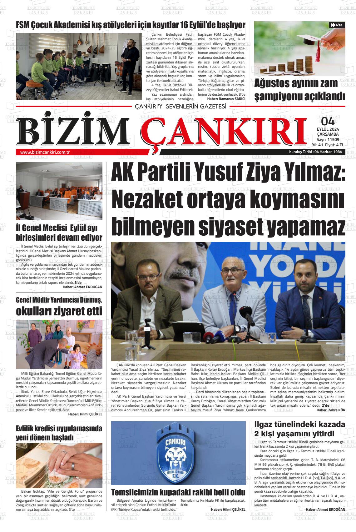 04 Eylül 2024 Bizim Çankırı Gazete Manşeti