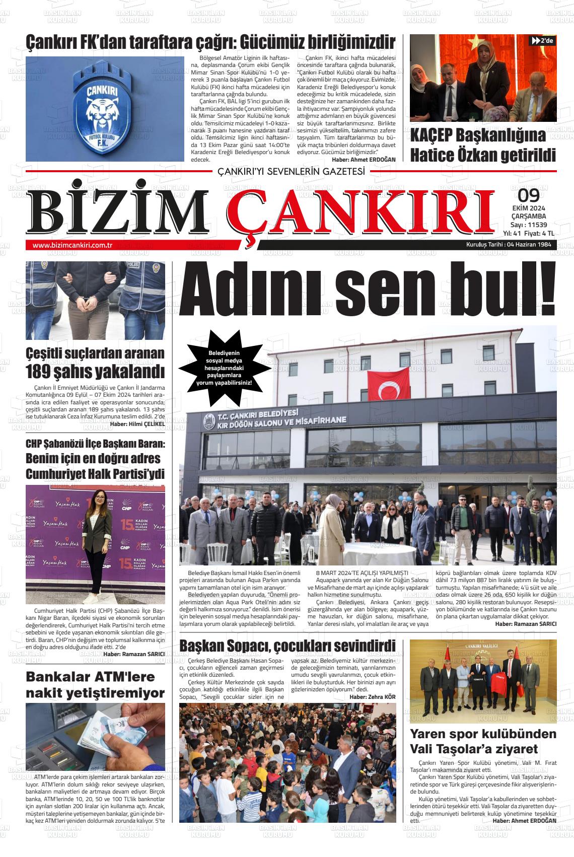 09 Ekim 2024 Bizim Çankırı Gazete Manşeti