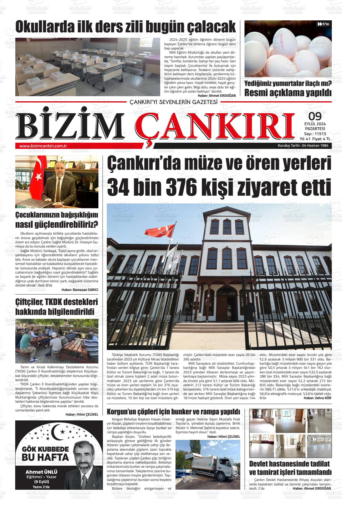 09 Eylül 2024 Bizim Çankırı Gazete Manşeti