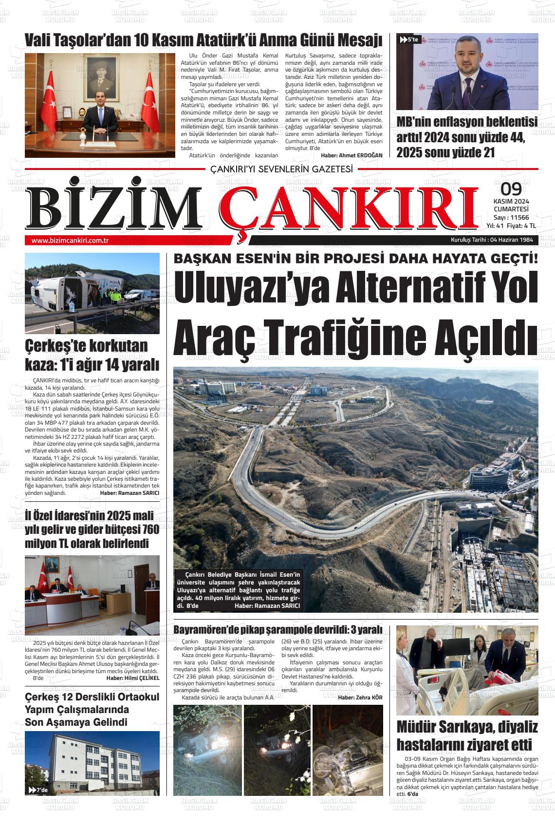 09 Kasım 2024 Bizim Çankırı Gazete Manşeti