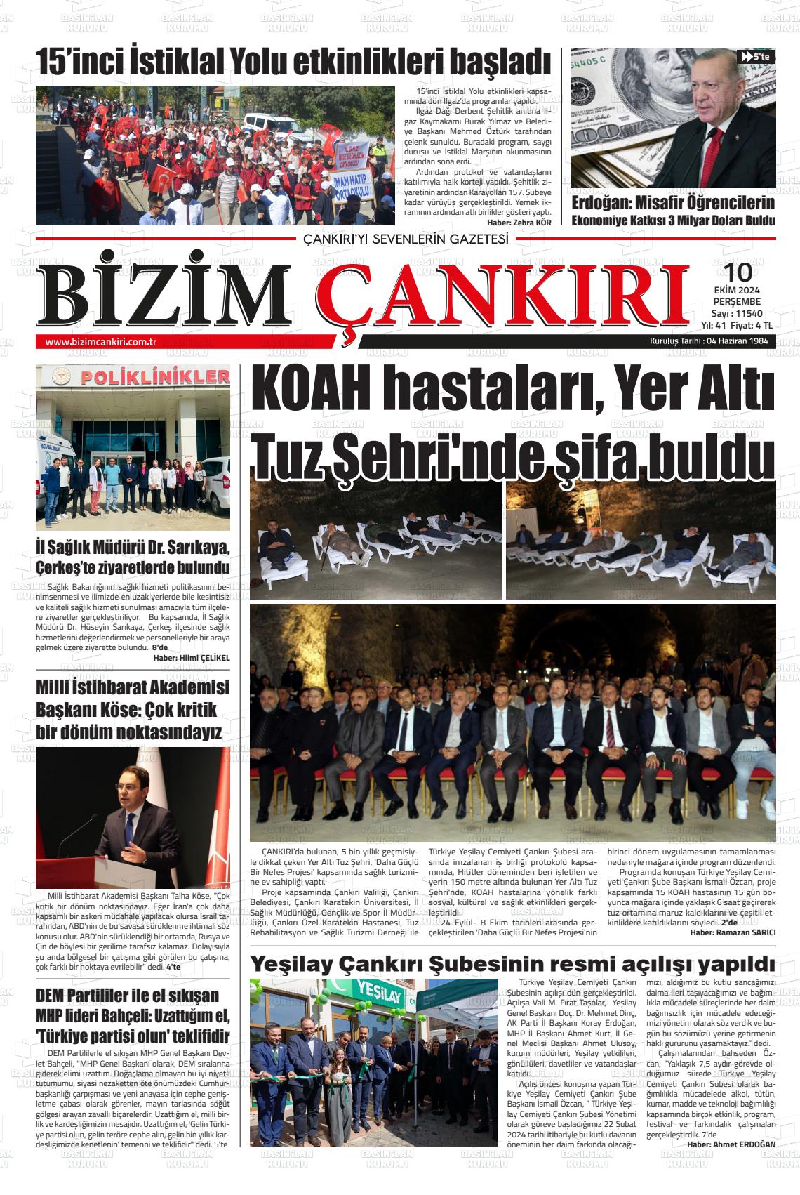 10 Ekim 2024 Bizim Çankırı Gazete Manşeti