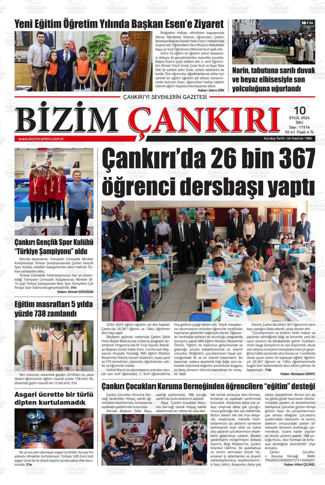 10 Eylül 2024 Bizim Çankırı Gazete Manşeti