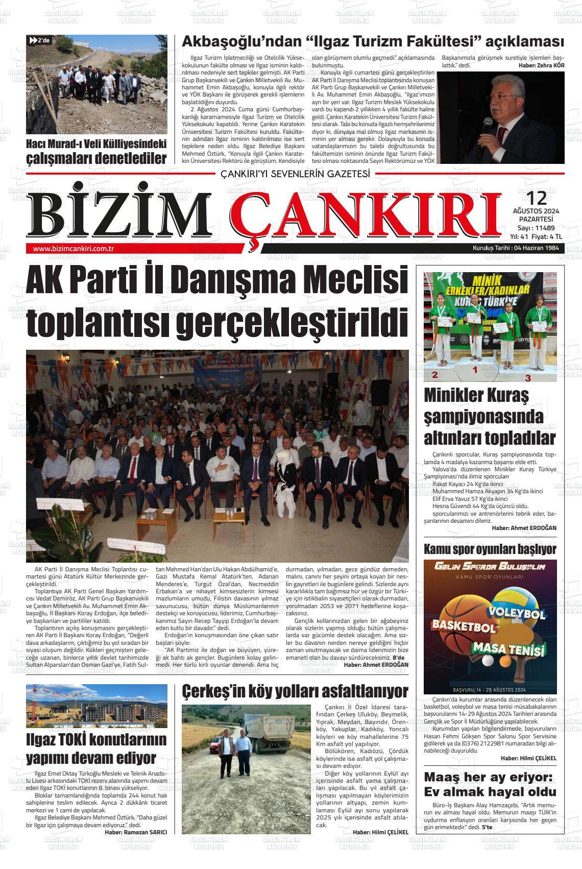 12 Ağustos 2024 Bizim Çankırı Gazete Manşeti