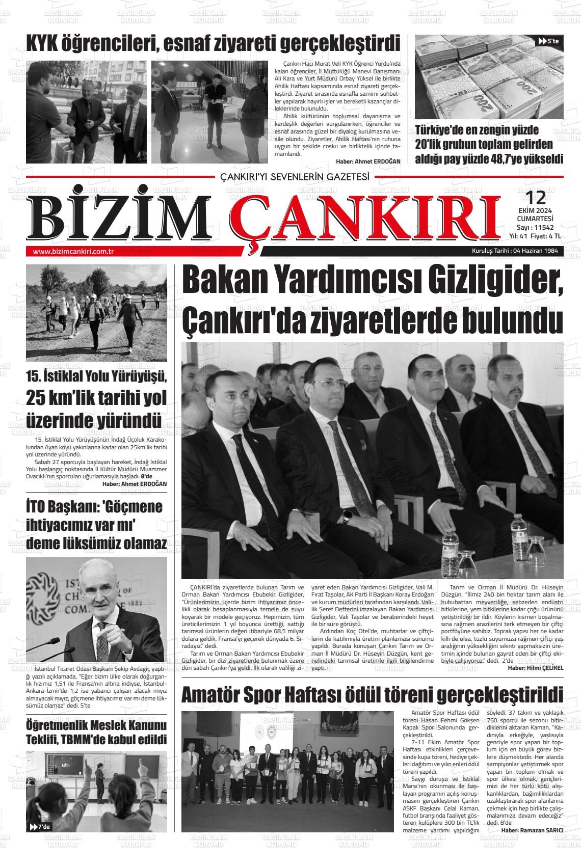 12 Ekim 2024 Bizim Çankırı Gazete Manşeti