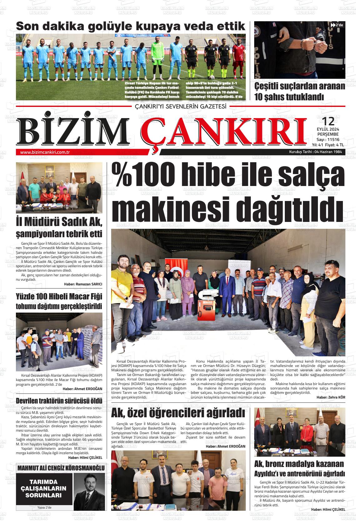 12 Eylül 2024 Bizim Çankırı Gazete Manşeti