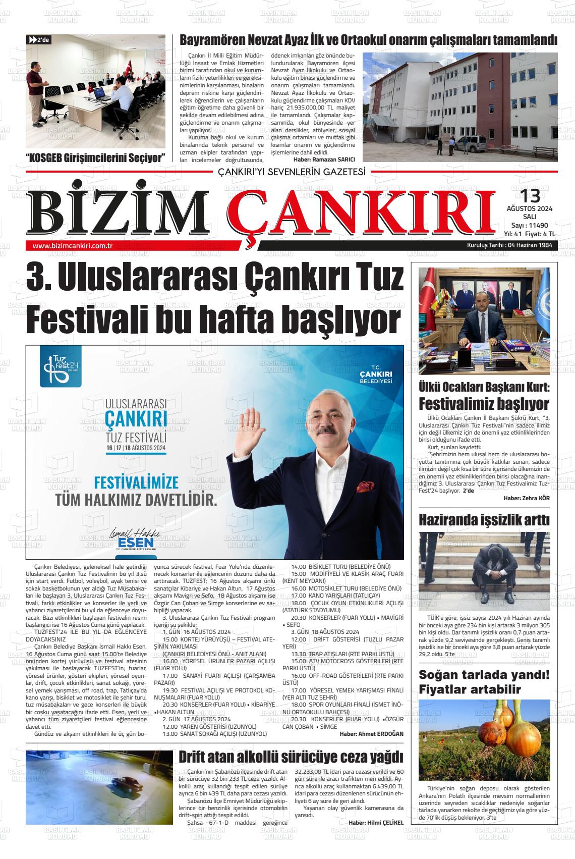 13 Ağustos 2024 Bizim Çankırı Gazete Manşeti