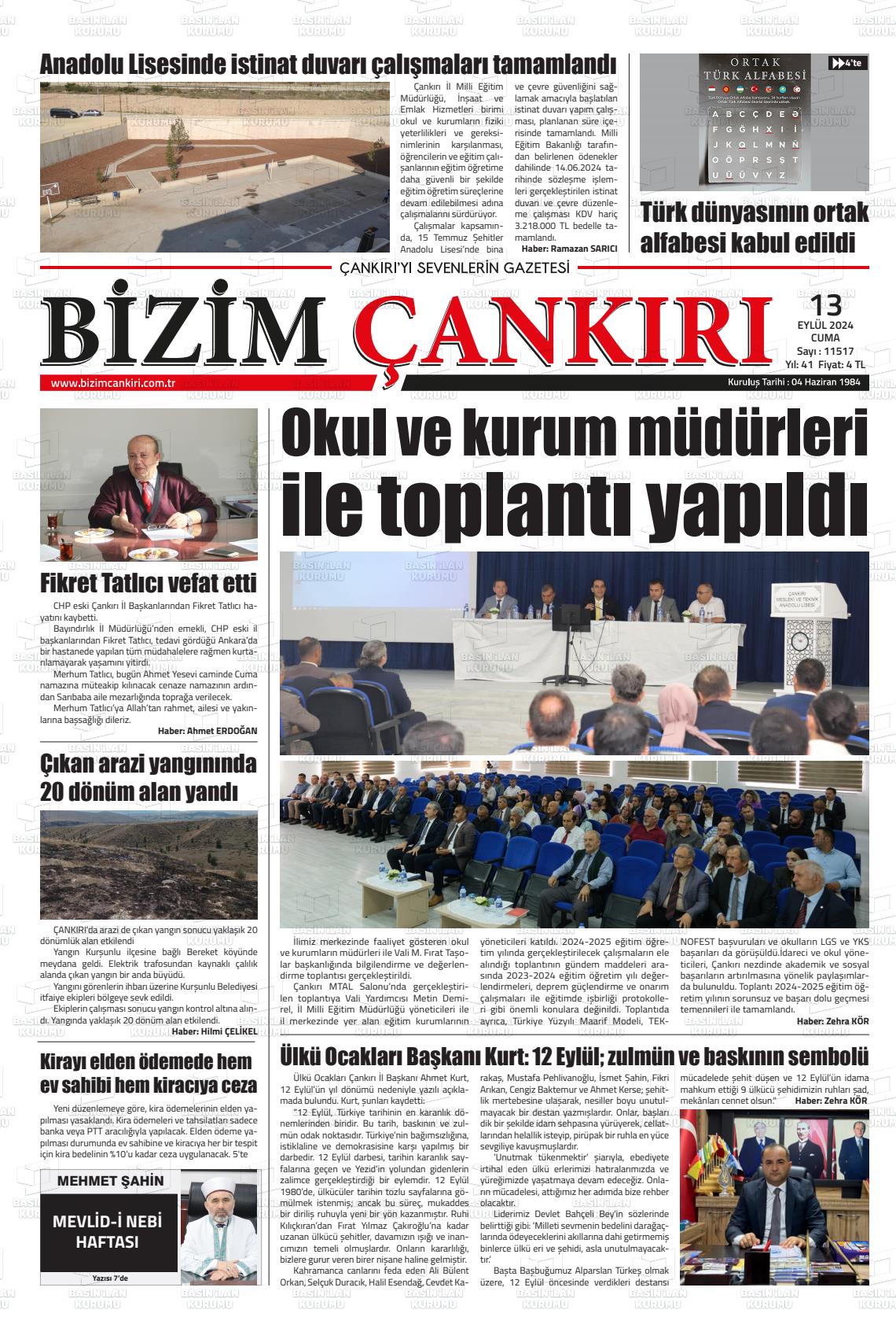 13 Eylül 2024 Bizim Çankırı Gazete Manşeti