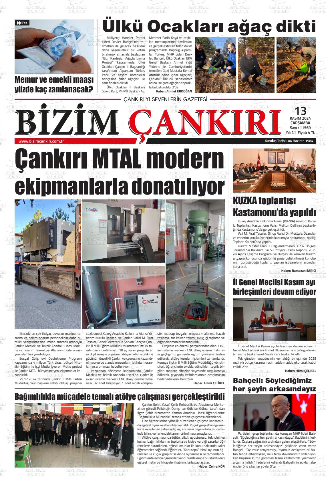 13 Kasım 2024 Bizim Çankırı Gazete Manşeti