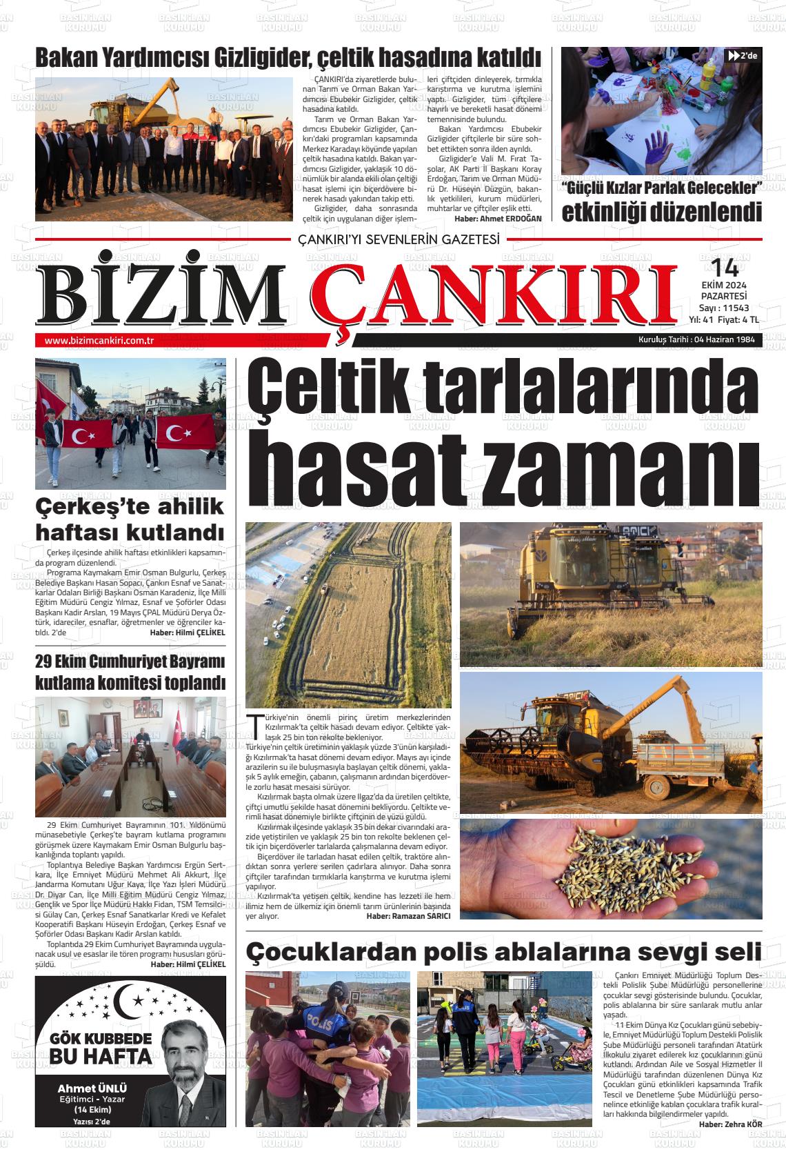 14 Ekim 2024 Bizim Çankırı Gazete Manşeti