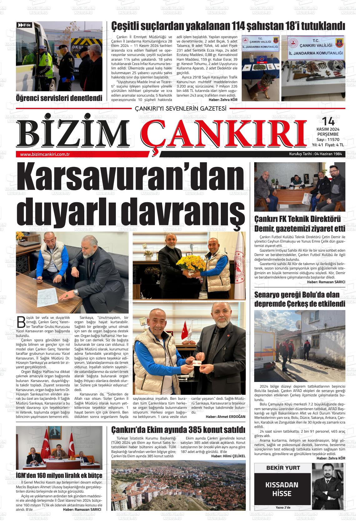 14 Kasım 2024 Bizim Çankırı Gazete Manşeti