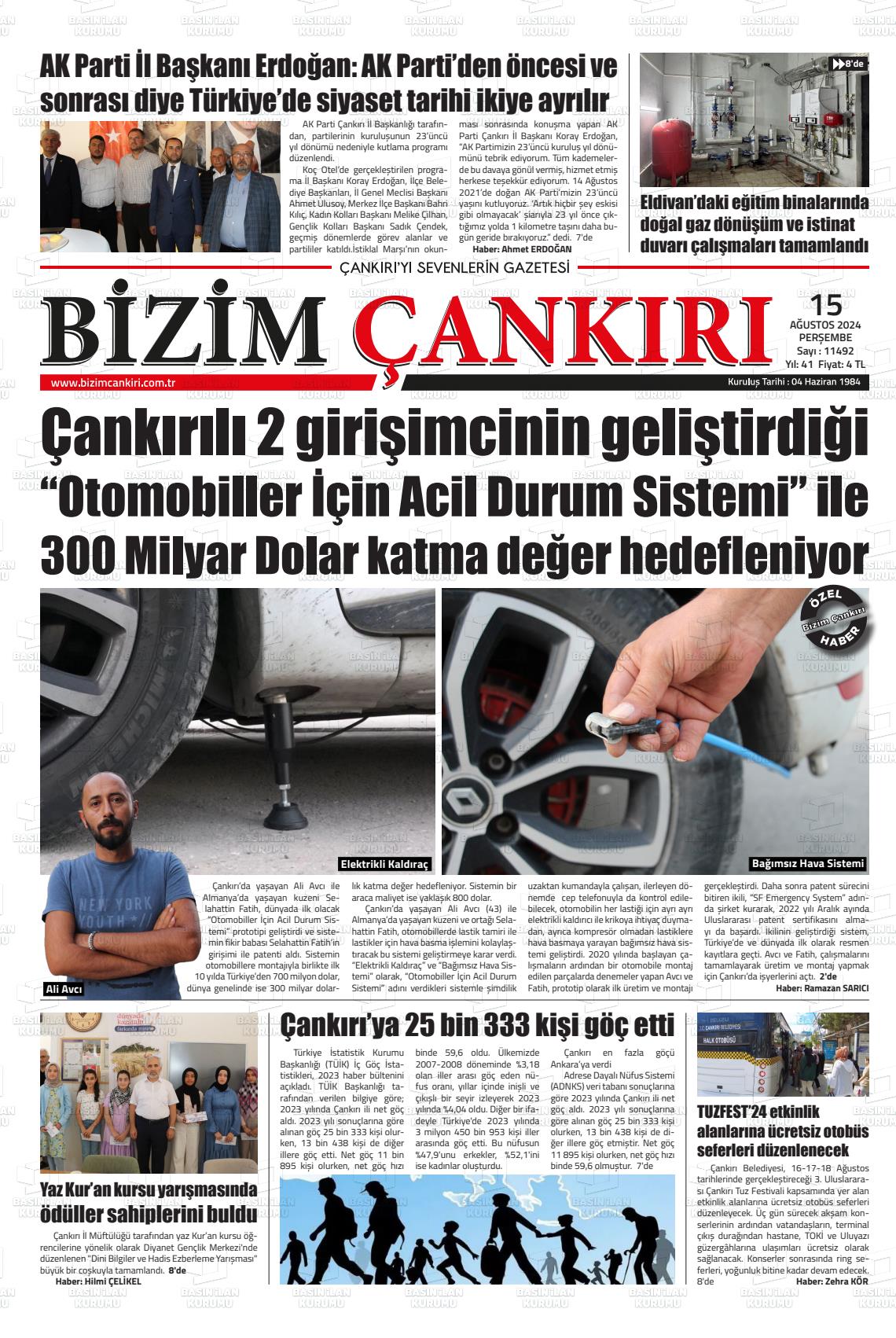 15 Ağustos 2024 Bizim Çankırı Gazete Manşeti