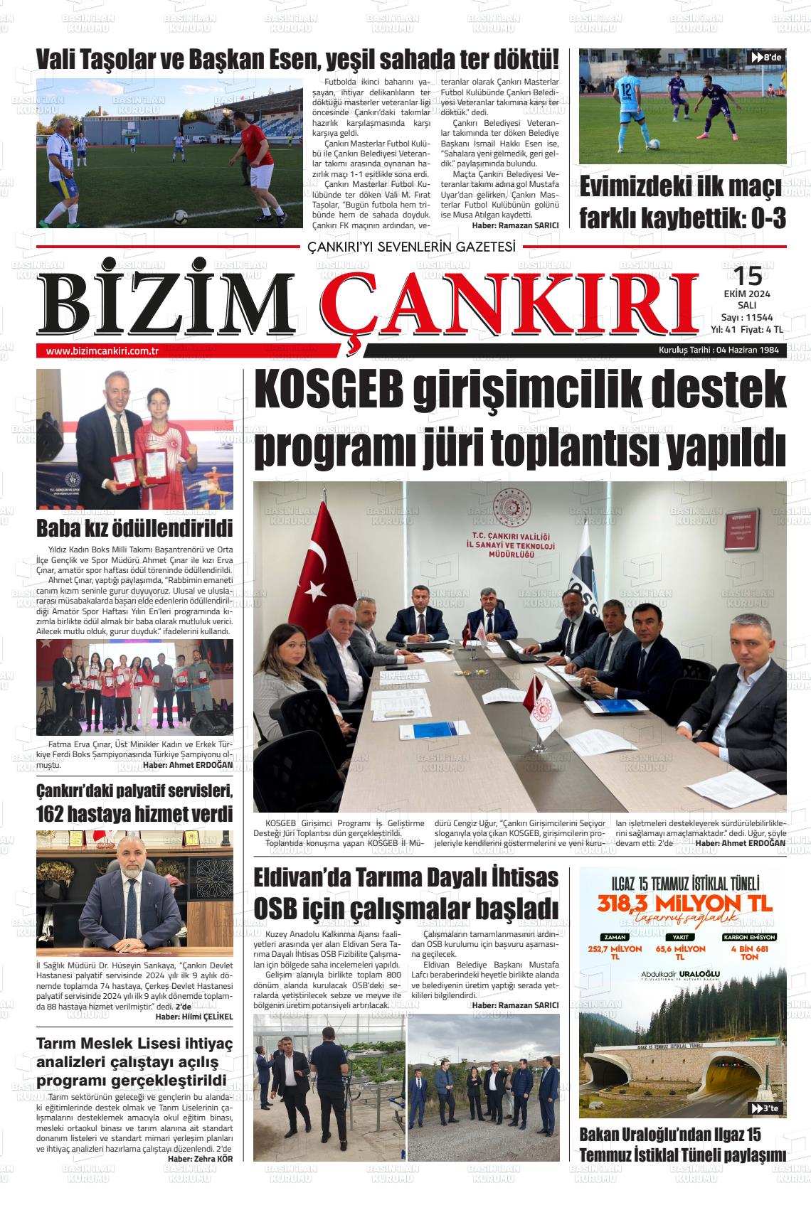 15 Ekim 2024 Bizim Çankırı Gazete Manşeti