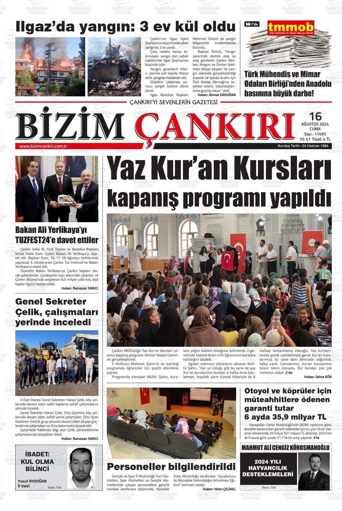 16 Ağustos 2024 Bizim Çankırı Gazete Manşeti