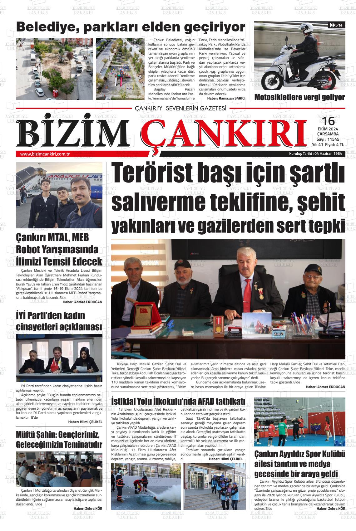 16 Ekim 2024 Bizim Çankırı Gazete Manşeti