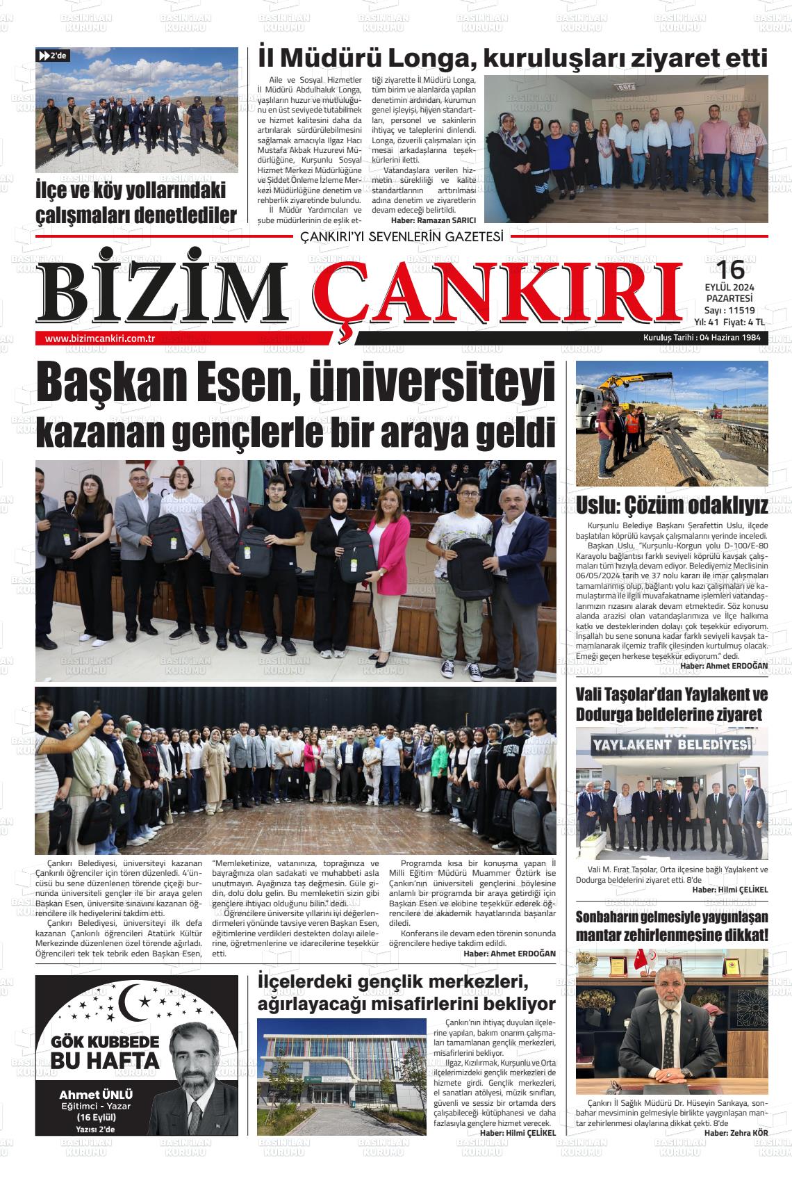 16 Eylül 2024 Bizim Çankırı Gazete Manşeti