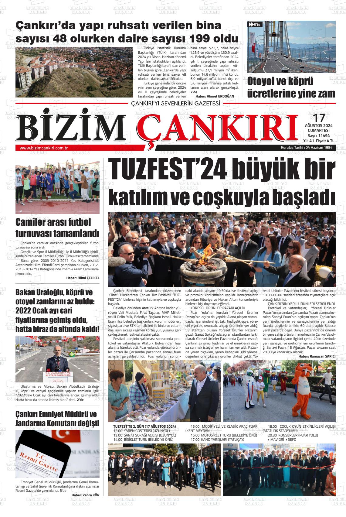 17 Ağustos 2024 Bizim Çankırı Gazete Manşeti