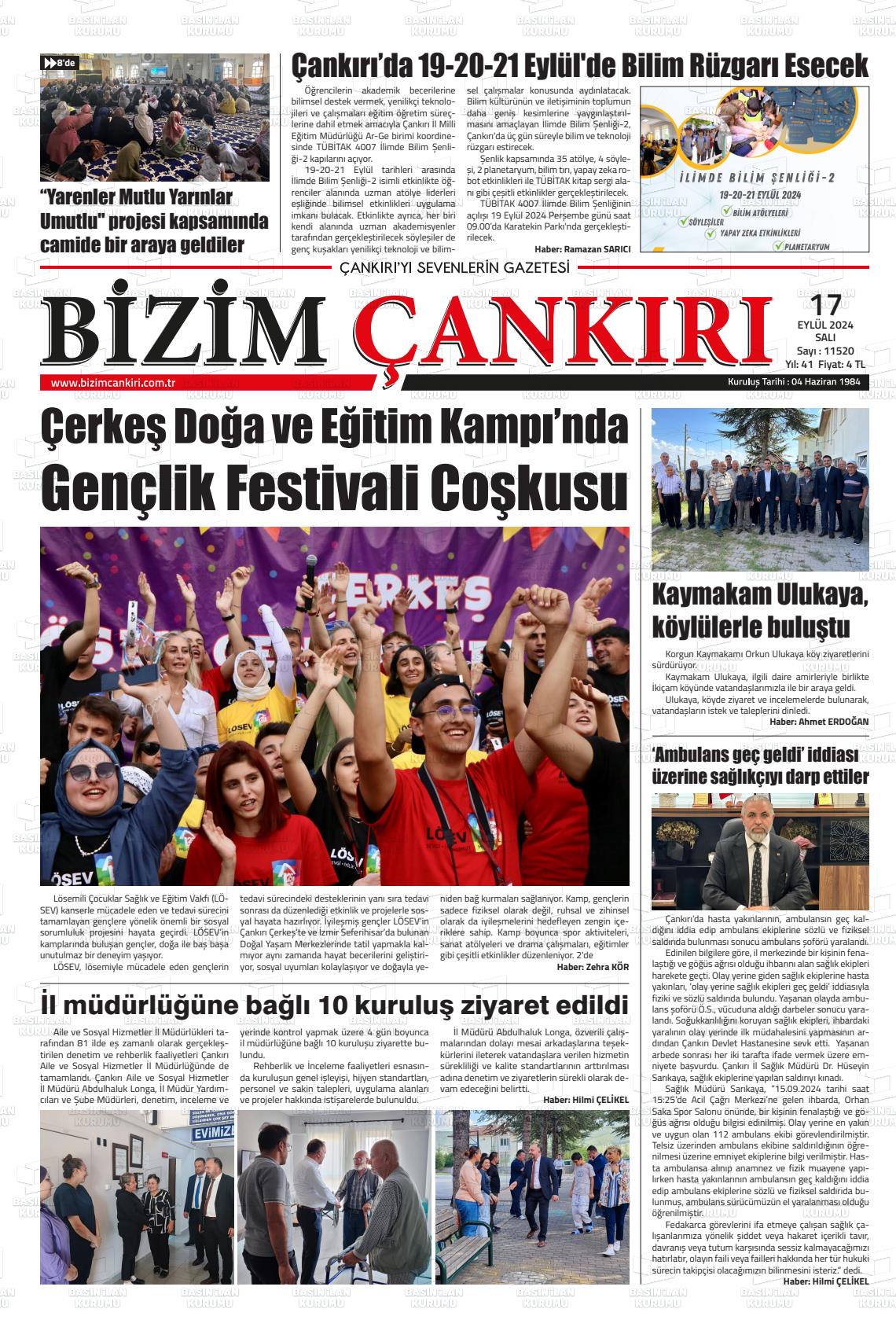 17 Eylül 2024 Bizim Çankırı Gazete Manşeti