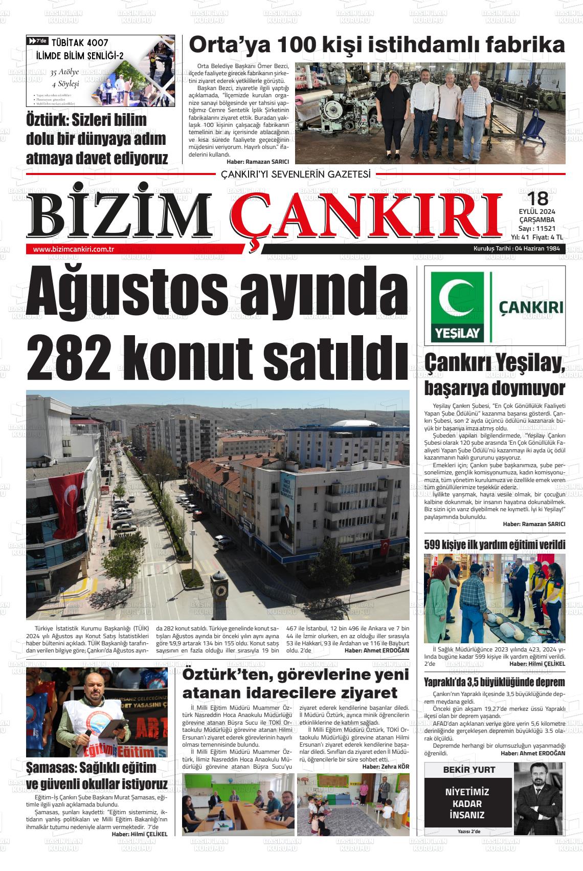 18 Eylül 2024 Bizim Çankırı Gazete Manşeti