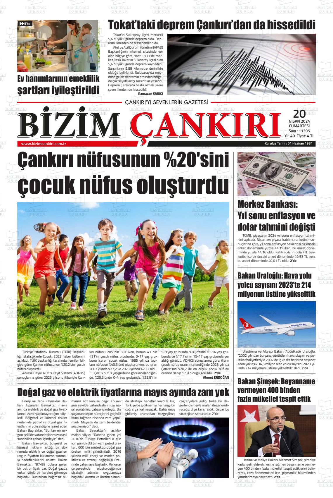 20 Nisan 2024 Bizim Çankırı Gazete Manşeti