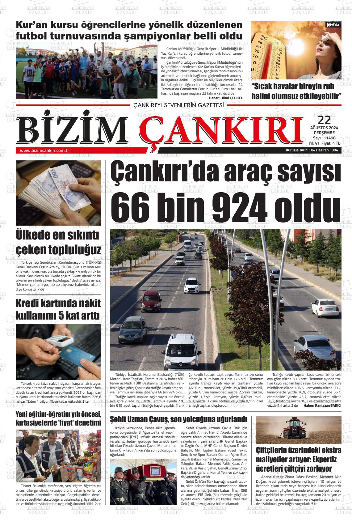 22 Ağustos 2024 Bizim Çankırı Gazete Manşeti