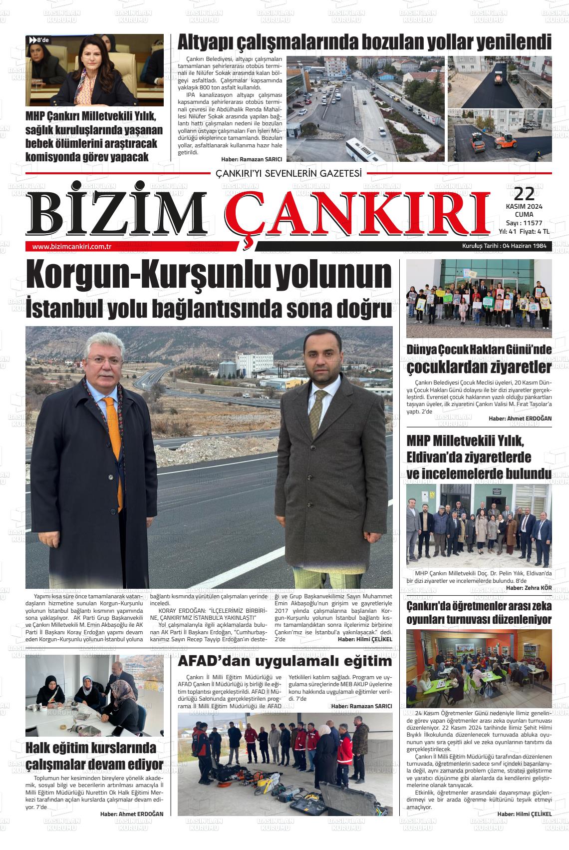 22 Kasım 2024 Bizim Çankırı Gazete Manşeti