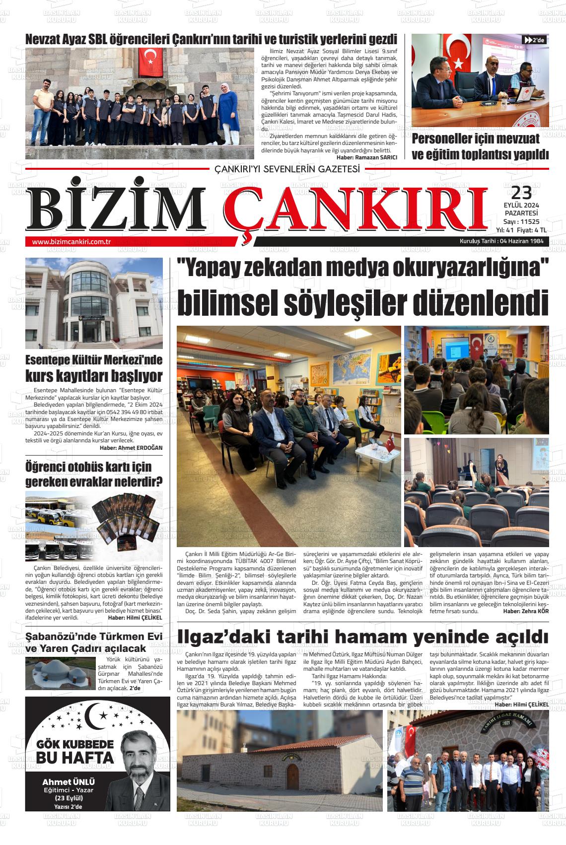 23 Eylül 2024 Bizim Çankırı Gazete Manşeti