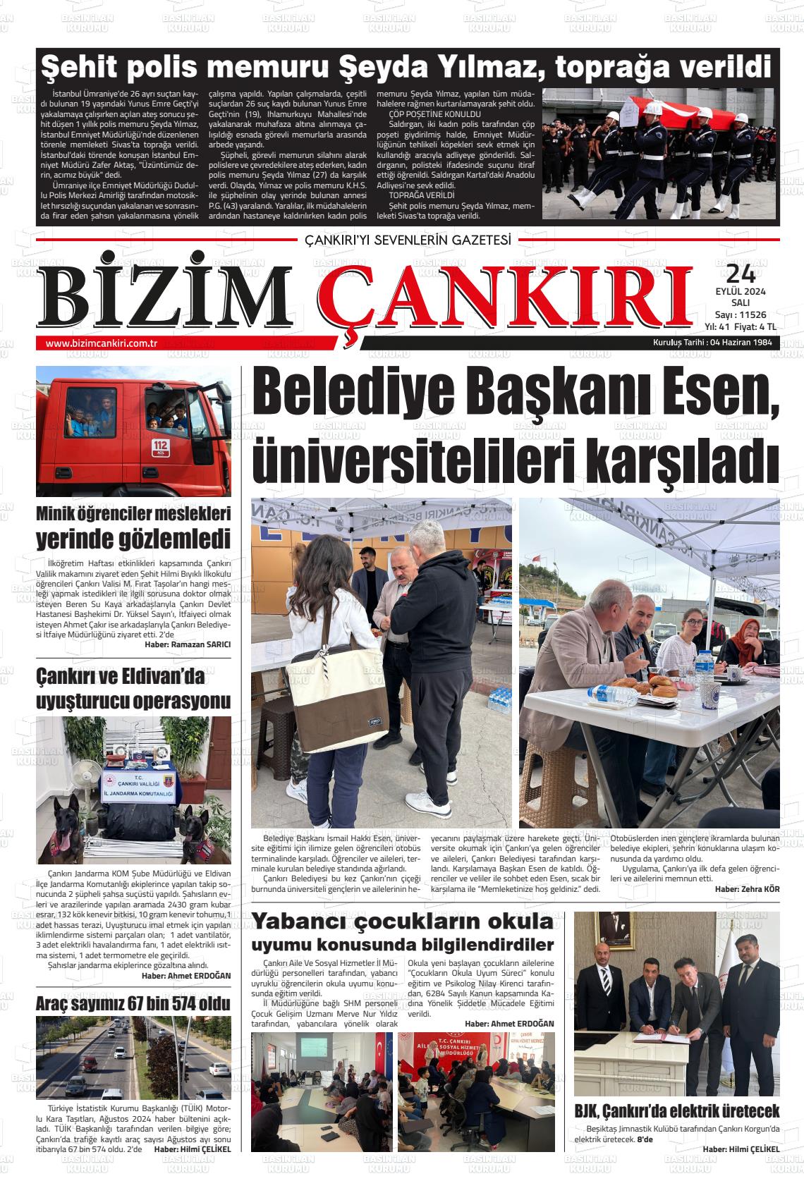 24 Eylül 2024 Bizim Çankırı Gazete Manşeti