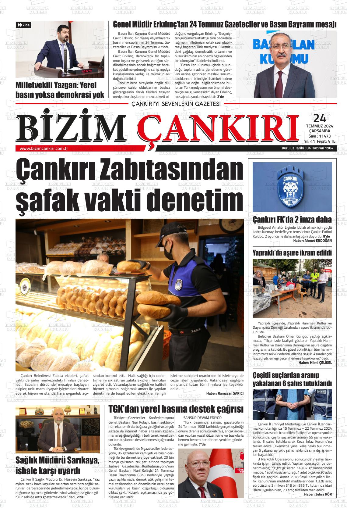 24 Temmuz 2024 Bizim Çankırı Gazete Manşeti