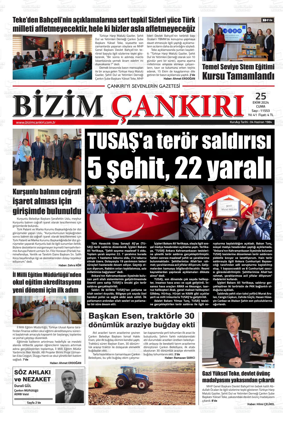 25 Ekim 2024 Bizim Çankırı Gazete Manşeti