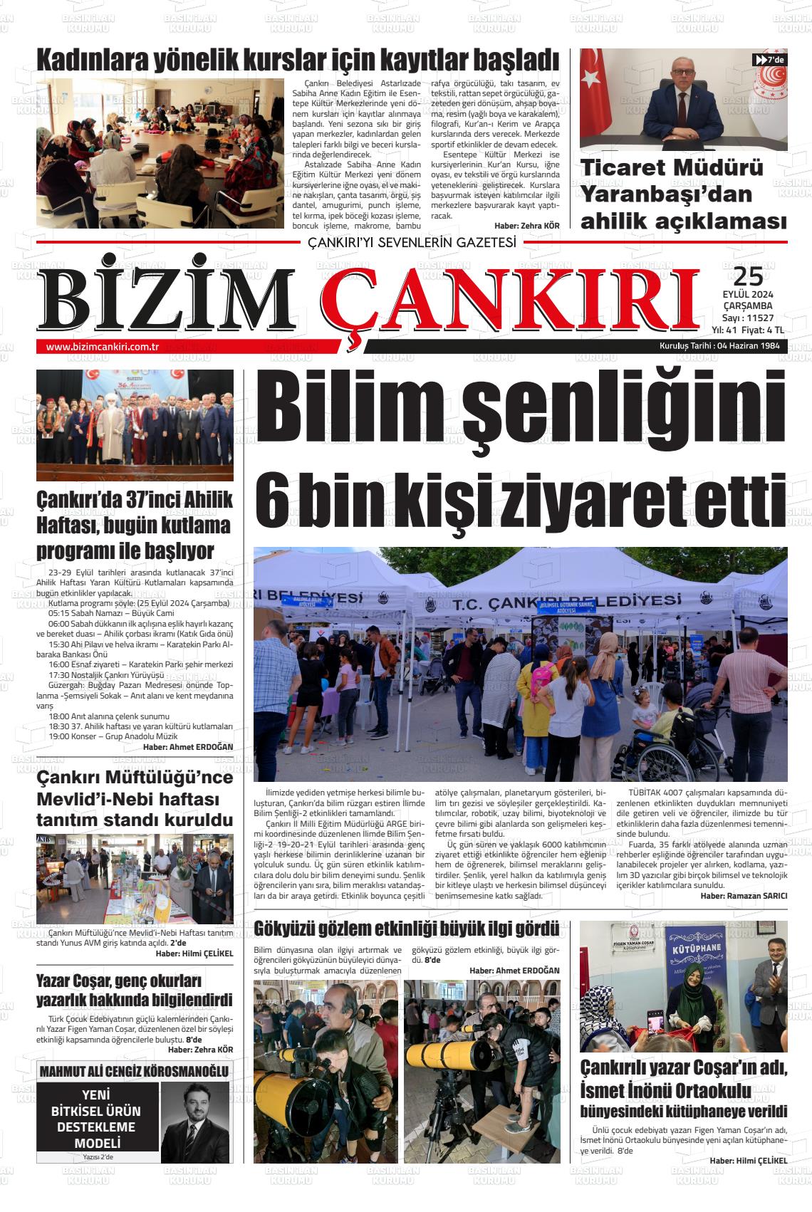 25 Eylül 2024 Bizim Çankırı Gazete Manşeti