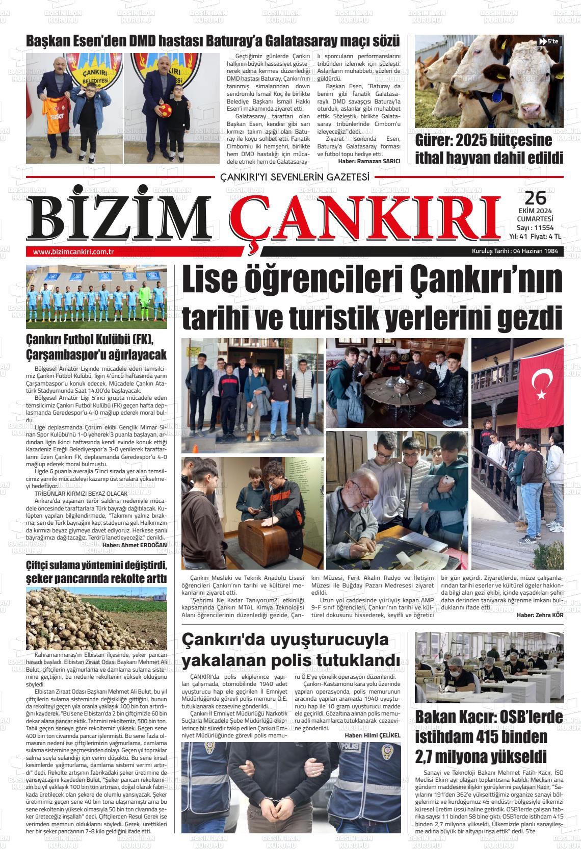 26 Ekim 2024 Bizim Çankırı Gazete Manşeti