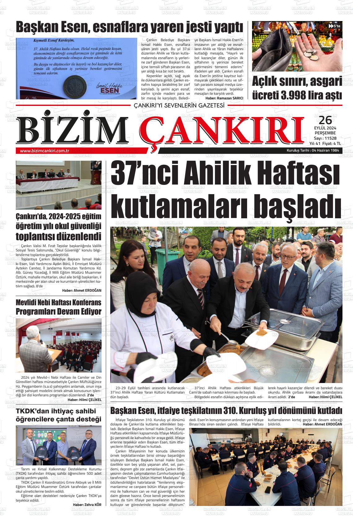 26 Eylül 2024 Bizim Çankırı Gazete Manşeti